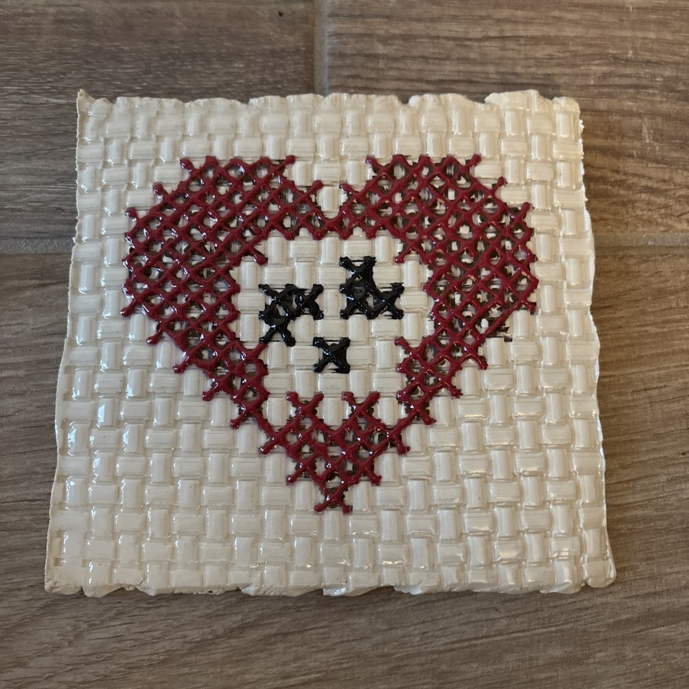 Unique‎ Handmade Ceramic Needlepoint Heart With Skull - 7" Made In USA